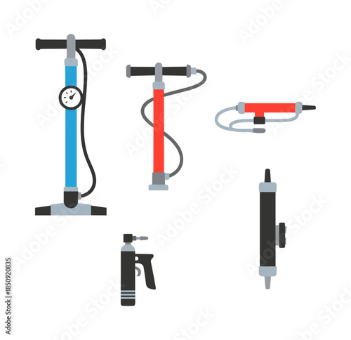 Cycling equipment set featuring various bicycle pumps