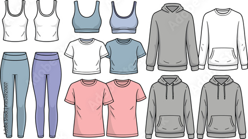 Collection of women's casual clothing items including leggings, sports bras, t-shirts, and hoodies Keywords: women's clothing