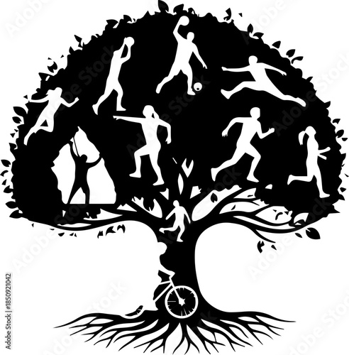 Dynamic sports figures blossom from a strong tree trunk symbolizing growth, achievement, and diverse athletic pursuits for active lifestyles