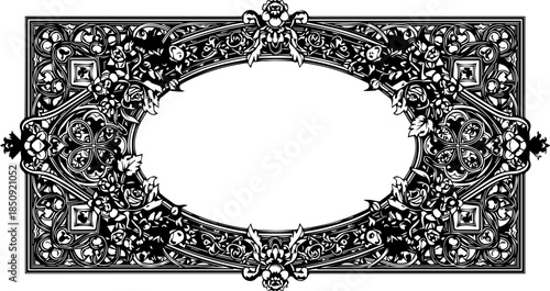 Elegant ornate decorative frame with intricate floral scrollwork and a central oval for text or images, perfect for vintage invitations and classic design