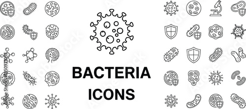 Bacteria and Virus Line Icon Set Featuring Microbiology Symbols Pathogens Microscopic Organisms Disease Prevention Probiotics Molecule Structures and Laboratory Research Graphics for Science