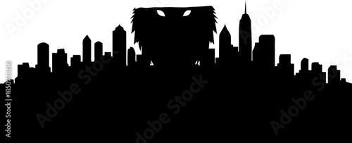 Massive monster silhouette towering over a dark city skyline, symbolizing urban destruction and fantasy.