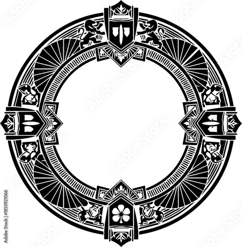 Intricate circular emblem design featuring heraldic motifs and ornate gothic architectural elements, perfect for branding and luxury applications