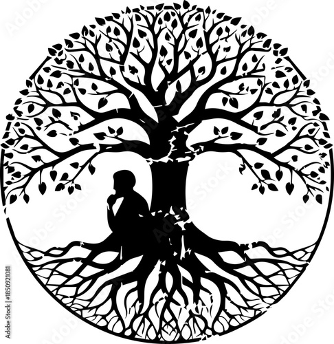 Serene figure meditating under the ancient, sprawling Tree of Life, symbolizing wisdom, connection, and growth for spiritual well-being.