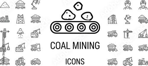 Coal Mining and Industrial Extraction Line Icon Set Featuring Conveyor Belts Excavators Dump Trucks Miner Helmets Drilling Rigs and Heavy Machinery for Energy Sector