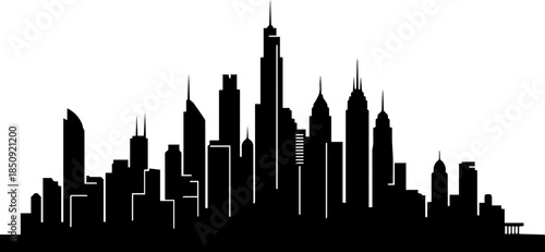 Dramatic black cityscape silhouette showcasing modern urban architecture and soaring skyscrapers against a clean backdrop
