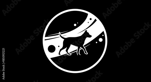 Dynamic silhouette of a dog walking confidently within a modern abstract circular emblem, conveying energy and movement for branding.