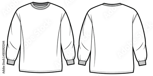 Fashion flat sketch of a long-sleeved crewneck sweatshirt front and back views long sleeve