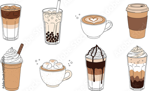 Coffee drinks collection with latte cappuccino iced coffee and takeaway cups hand drawn vector illustration set