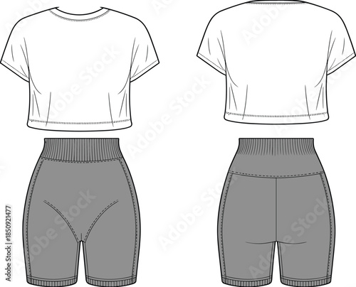 Fashion Flat Sketch of White Crop T- Shirt and Grey High Waisted Bike Shorts clothing