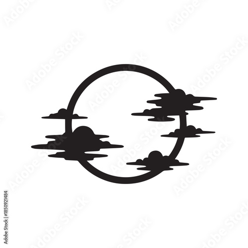 Full moon behind clouds vector silhouette illustration depicting a spooky night sky in black and white style.
