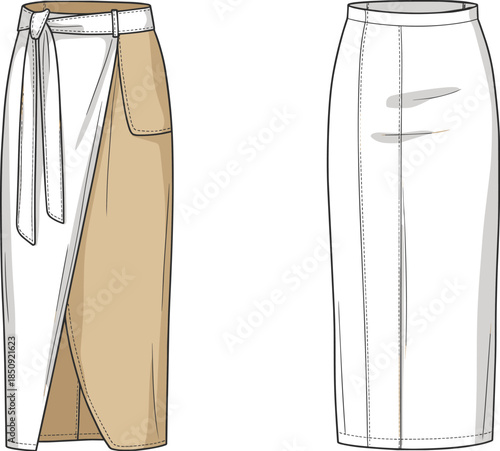 Fashion Flat Sketches of a Wrap Skirt and a Pencil Skirt Front Views illustration technical drawing