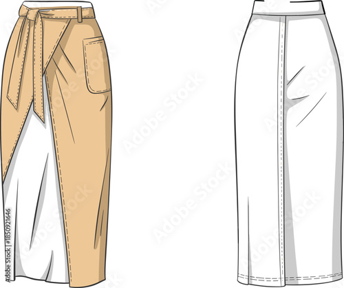 Fashion flat sketches of front and back views of two skirts, one beige wrap skirt and one white pencil skirt Keywords: skirt