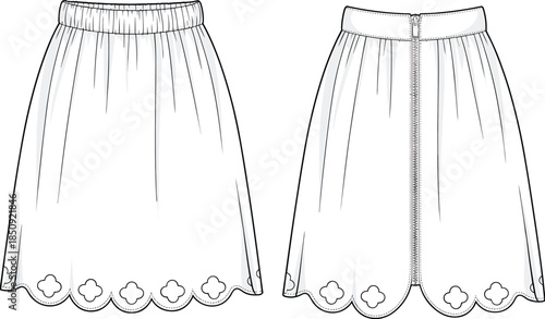 Front and Back View Flat Fashion Sketch of a Scalloped Hem Skirt with Zipper Detail flat illustration
