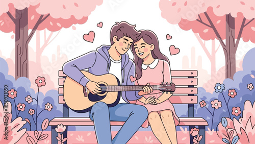 Happy couple playing guitar on park bench vector for Valentine day