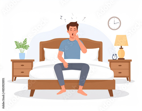 A man yawning and looking tired while sitting on his bed in a bedroom, just waking up in the morning.