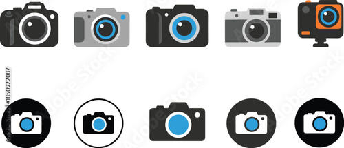 Camera icons, photography symbols, DSLR illustration, compact camera, action cam, graphic design, UI elements, branding, tech visuals, digital art