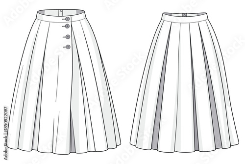 Front and back view of white pleated midi skirt with button detail fashion illustration pleats