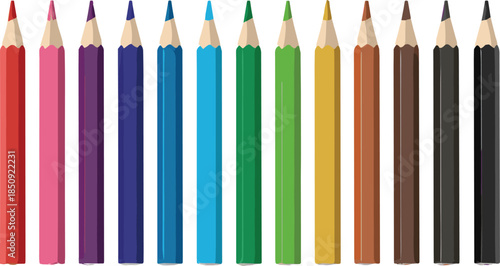 Colored pencils, vertical arrangement, sharpened tips, rainbow gradient, art supplies, drawing tools, school stationery, colorful design, education, creativity