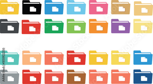 Colorful folder icon grid, digital file organization, vibrant document folders, UI design elements, software interface, data management, desktop icons, creative storage