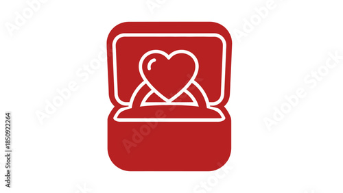 A red ring box is open, revealing a ring with a heart-shaped gem inside.