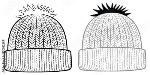 Line Art and Grayscale Flat Sketches of a Knitted Beanie Hat with Pom- Pom fashion illustration