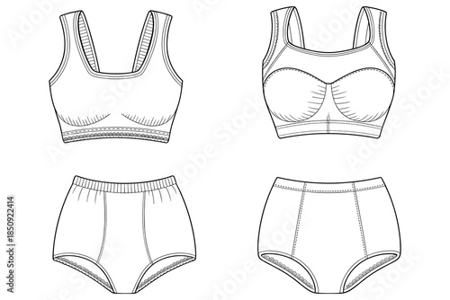 Line art illustration of bra and high-waisted panty set lingerie underwear