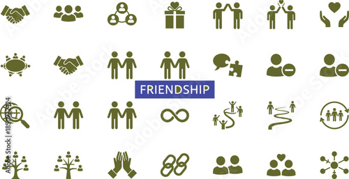 Friendship and community icons set, social connection symbols, teamwork, relationships, support, unity, networking, people collaboration, flat vector illustration