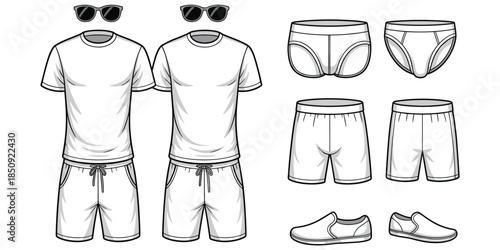 Menswear Flat Fashion Sketch Set of Tshirts Shorts Underwear Sunglasses and Slip On Shoes mens fashion