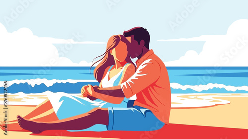 Romantic couple sitting on sandy beach summer holiday flat vector