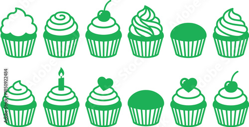 Green cupcakes, stylized icons, dessert illustration, frosting variations, bakery design, sweet treats, cupcake art, vector graphics, food decoration, cute dessert
