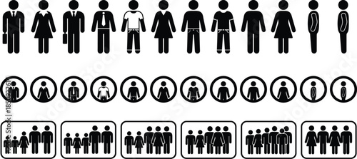 People icons, black and white pictograms, family symbols, male female silhouettes, user interface graphics, signage, infographics, avatar set, social group illustration
