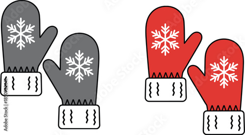 Red and Gray Mittens with Snowflakes and Zigzag Cuffs on White Background gloves winter