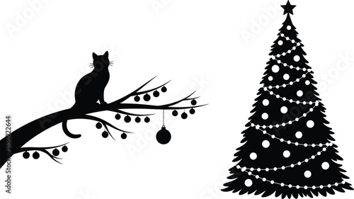 Black cat silhouette sitting on tree branch, decorated Christmas tree illustration, winter holiday night scene, festive minimal design, modern vector art, seasonal celebration background