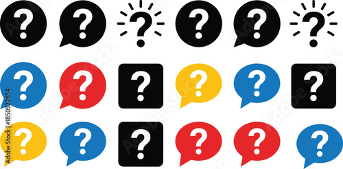 Question mark icons set, colorful speech bubbles, FAQ concept, customer support symbols, inquiry communication background, help information design illustration