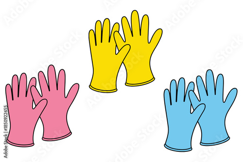 Pairs of Pink, Yellow, and Blue Rubber Gloves on White Background cleaning household