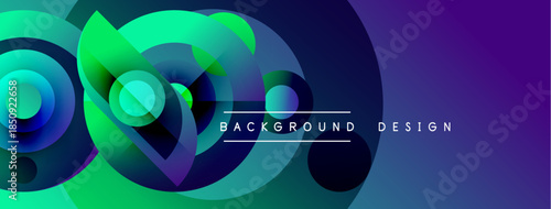 Abstract gradient shapes overlap, creating dynamic visual effect. Vivid blues, greens, purples dominate composition. Modern design element.