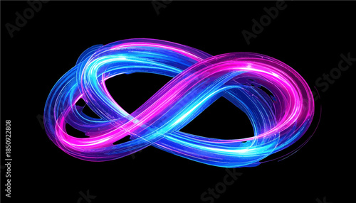 Futuristic neon light trails forming a 3D infinity knot isolated on light background, abstract blue and pink glowing motion loop, high-tech eternity symbol design element
