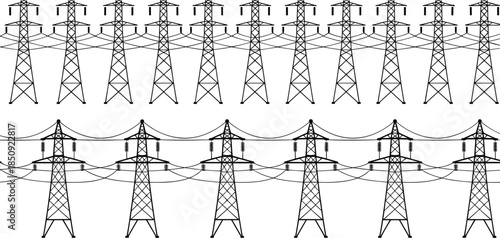 Row of electricity pylons and power lines illustration energy tower