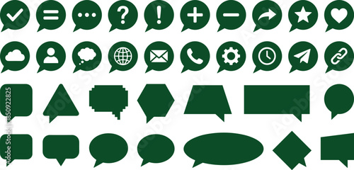 Speech bubble icons, communication symbols, user interface elements, digital design assets, green chat graphics, messaging shapes, UI icon set
