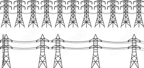 Row of Electricity Transmission Towers and High Voltage Power Lines pylon