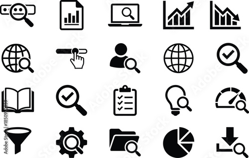 Business analytics and search icons set featuring graphs charts magnifying glass dashboard growth statistics data analysis user interface vector illustration black line symbols collection