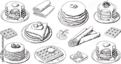 Hand drawn black and white pancakes and crepes collection
