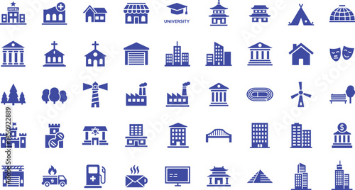 Urban infrastructure icons, city services symbols, public buildings vector, municipal planning graphics, architecture elements, blue pictograms, editable design set