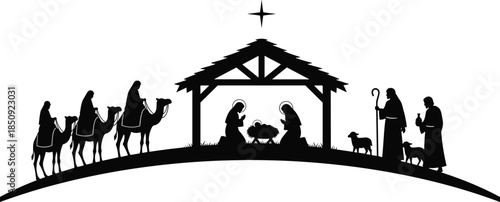 Nativity scene silhouette with Mary Joseph baby Jesus manger shepherds wise men camels Bethlehem star Christmas Christian religious illustration holy night biblical birth artwork