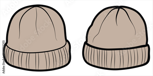 Two Beige Beanies with Ribbed Cuffs Side by Side on White Background Keywords: beanie, hat, cap, knitted, winter, clothing