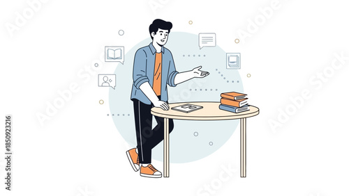 Modern Young Man Studying with Books and Digital Devices at Desk in a Digital Learning Environment