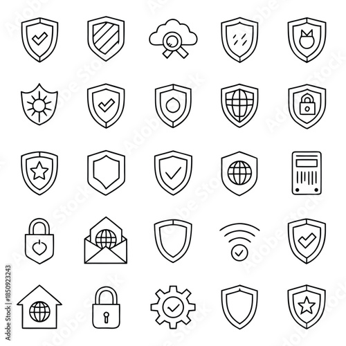 Collection of security icons including shields with checkmarks, locks, and protection symbols for cybersecurity