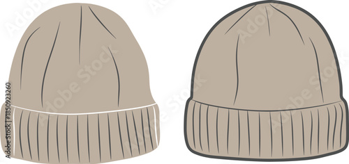 Two Beige Knitted Beanies with Ribbed Cuffs on White Background Keywords: beanie, hat, cap, knitted, winter, clothing, accessory