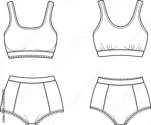 Two Bra and Panty Sets Fashion Flat Sketches Front and Back Views With Lace Detail Keywords: bra, panty, underwear, lingerie